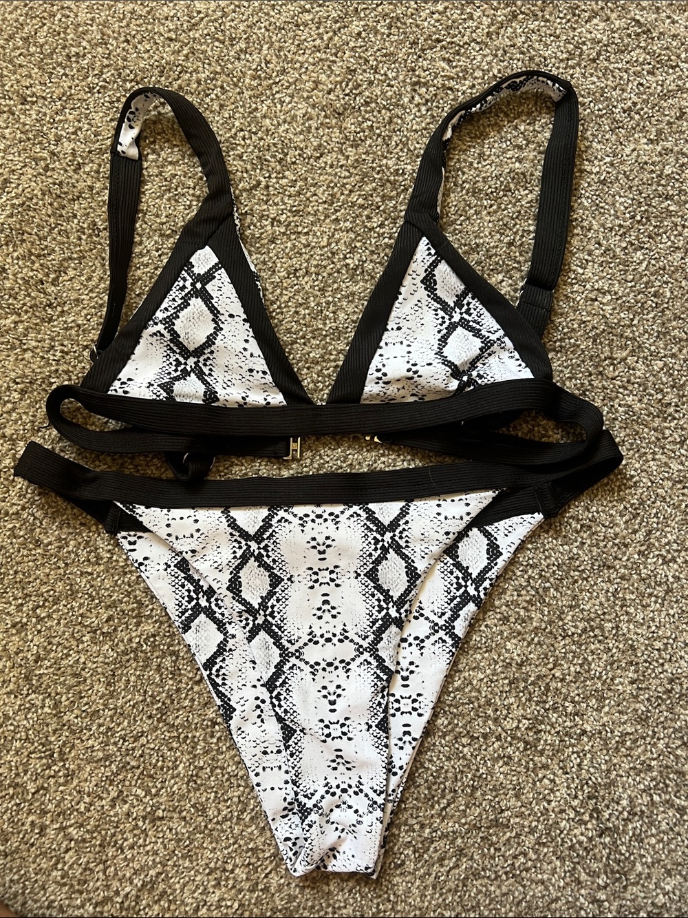 Snake Print Triangle Bikini Set with Black Trim